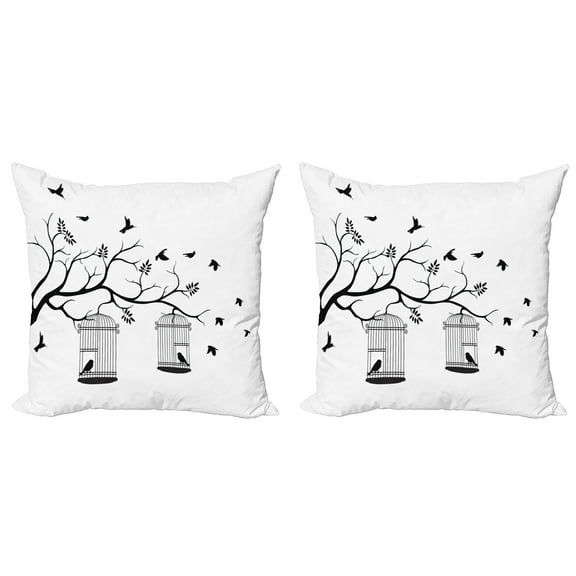 Ambesonne Romantic Throw Pillow Cover 2 Pack, Birds Flying to Cages, 18", Black and White