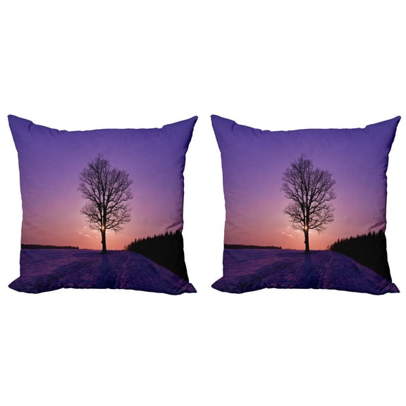 Ambesonne Tree Throw Pillow Cover 2 Pack, Oak Sunset Winter Time, 18", Purple Peach