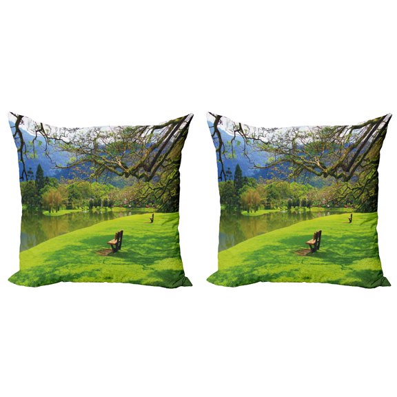 Ambesonne Nature Throw Pillow Cover 2 Pack, Panoramic Public Wiev, 18", Lime Green Violet Blue