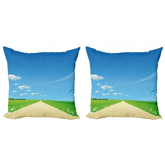 Ambesonne Nature Throw Pillow Cover 2 Pack, Sunny Sky Clouds Daisy, 16", Sky Blue Green Cream