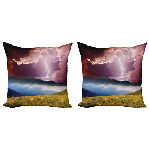 Ambesonne Nature Throw Pillow Cover 2 Pack, Earth Storm Rays Rural, 24", Green Pink Blue