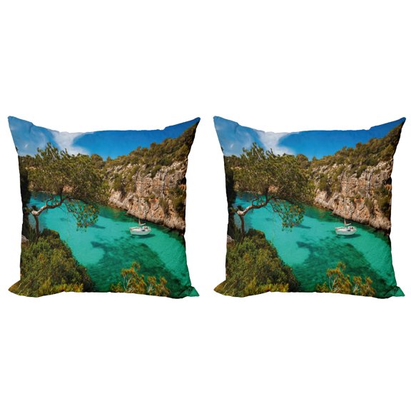 Ambesonne Nature Throw Pillow Cover 2 Pack, Yacht on Sea Scenic View, 16", Green Aqua Blue