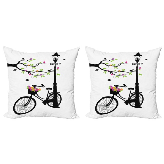Ambesonne Nature Throw Pillow Cover 2 Pack, Spring Tree Birds Bike, 18", Multicolor