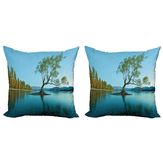 Ambesonne Spring Throw Pillow Cover 2 Pack, Tree Lake Nature Themed, 20", Teal Fern Green