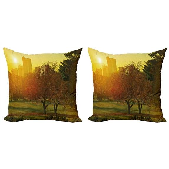 Ambesonne Nature Throw Pillow Cover 2 Pack, Sunset over City Park, 16", Fern Green Dark Orange