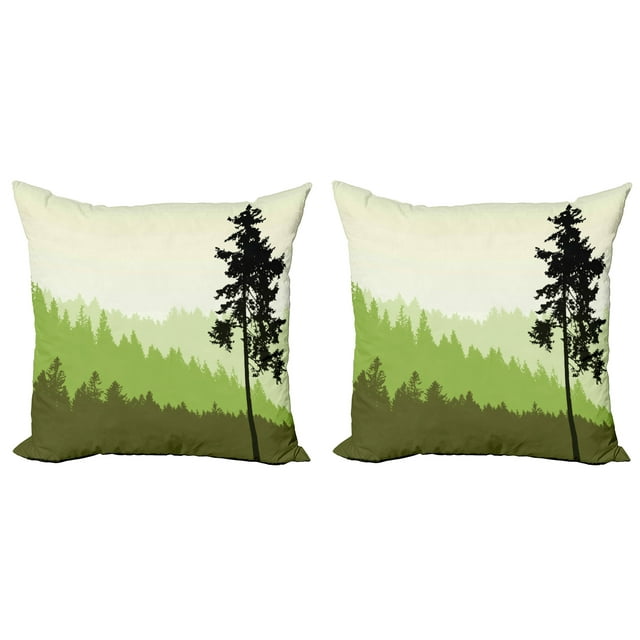 Nature Throw Pillow Cushion Cover Pack of 2, Nature Theme Pine Tree Silhouette on an Abstract Style Background, Zippered Double-Side Digital Print, 4 Sizes, Lime Green Army Green, by Ambesonne