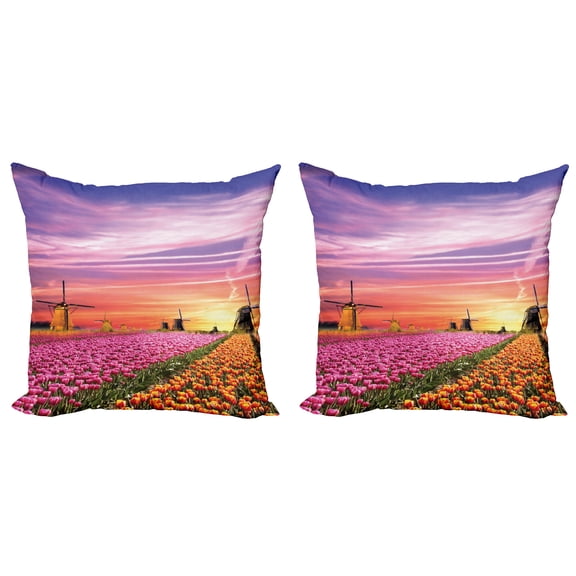 Ambesonne Nature Throw Pillow Cover 2 Pack, Scenic Tulip Fields, 20", Orange Pink Purple