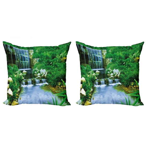 Ambesonne Nature Throw Pillow Cover 2 Pack, Waterfall Rocks Forest, 16", Fern Green Pale Blue