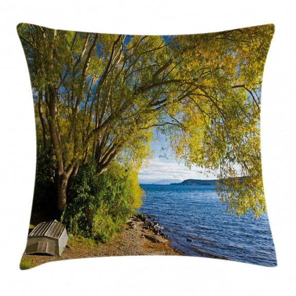Nature Throw Pillow Cushion Cover, Small Boat under Tree by the Lake North Island New Zealand Picturesque View, Decorative Square Accent Pillow Case, 24 X 24 Inches, Olive Green Blue, by Ambesonne