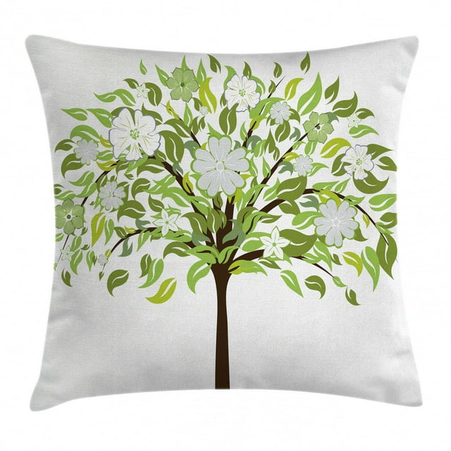 Nature Throw Pillow Cushion Cover, Summer Tree with Flourishing Flowers Spring Blossoms Seasonal Artistic Print, Decorative Square Accent Pillow Case, 20 X 20 Inches, Green Brown White, by Ambesonne