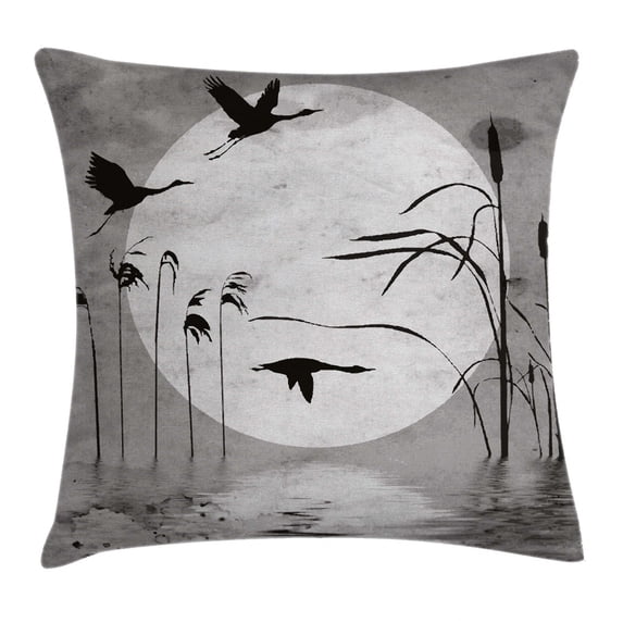 Nature Throw Pillow Cushion Cover, Sunset Horizon Background Flying Heron Birds on the Lake River Bushes Grunge Graphic, Decorative Square Accent Pillow Case, 16 X 16 Inches, Black Grey, by Ambesonne