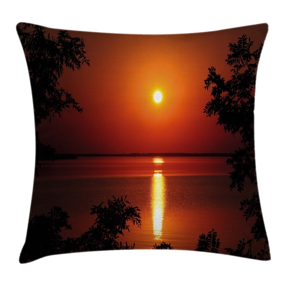 Nature Throw Pillow Cushion Cover, Sunset Horizon Skyline Reflection on the Sea Rural Fresh Dramatic View, Decorative Square Accent Pillow Case, 18 X 18 Inches, Red Scarlet Vermilion, by Ambesonne
