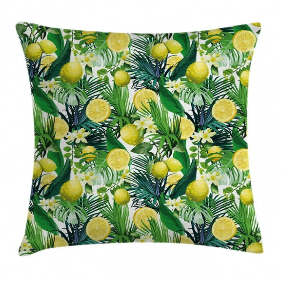 Nature Throw Pillow Cushion Cover, Tropical Plants with Large Evergreen Leaf Lemon Botany Palm Jungle Graphic, Decorative Square Accent Pillow Case, 24 X 24 Inches, Yellow Forest Green, by Ambesonne