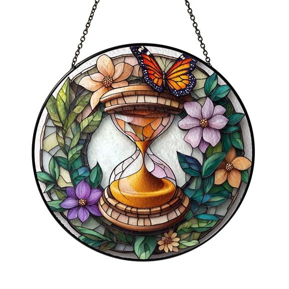 Nature Time Concept Butterfly Scene Stained Glass Style Suncatcher – Decorative Art