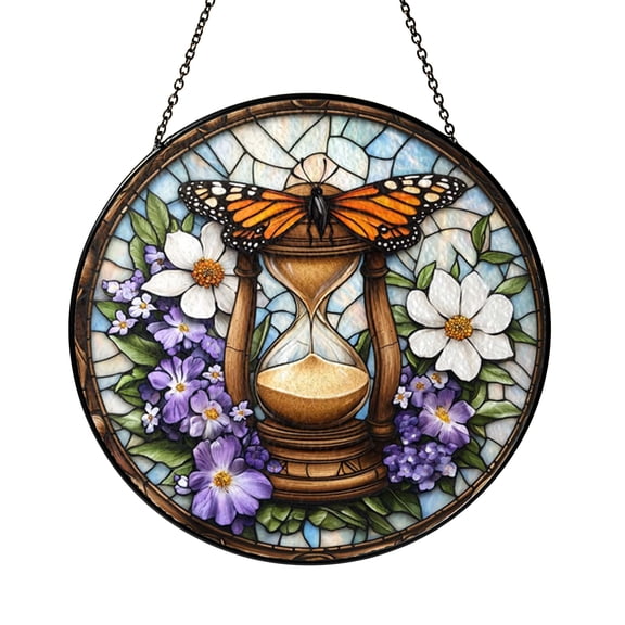 Nature Time Theme Glass Suncatcher Window Decor, Butterfly Hourglass Hanging Art