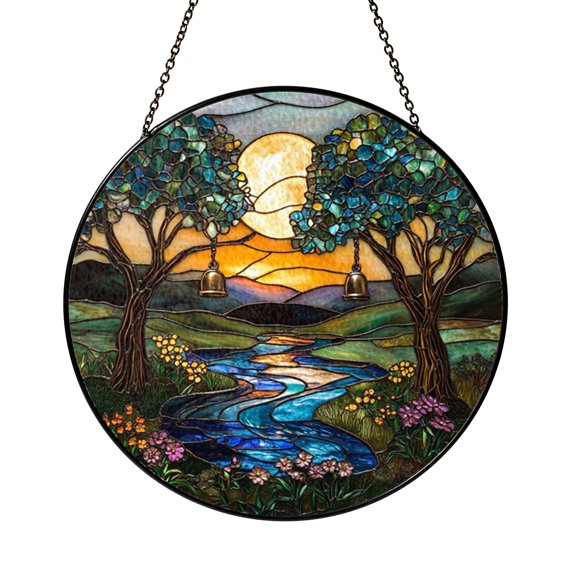 Nature Tree and Bell Window Sun Catcher, Bright Stained Glass Style Hanging Ornament, Gift for Home Decor Fans