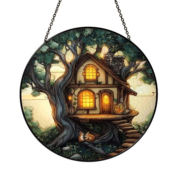 Nature Treehouse and Squirrels Faux Stained Glass Window Decor2001
