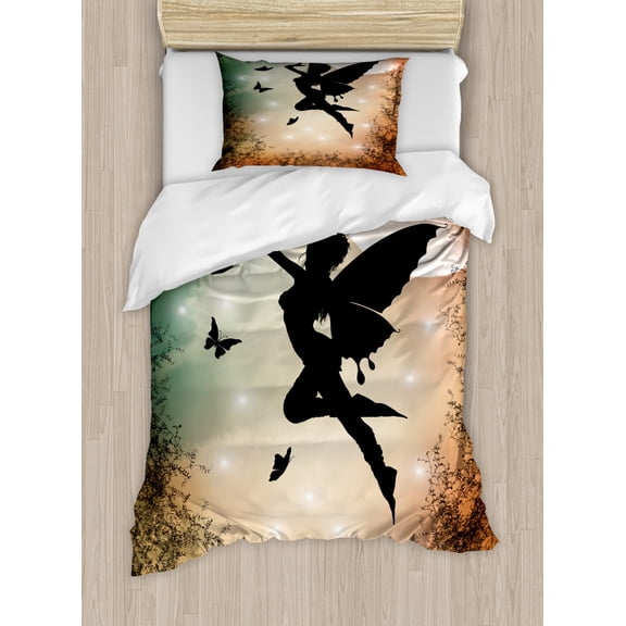 Nature Twin Size Duvet Cover Set, Black Fairy with Angel Wings Butterflies and Sun like Alluring Round Artwork Print, Decorative 2 Piece Bedding Set with 1 Pillow Sham, Multicolor, by Ambesonne