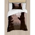 thumbnail image 1 of Nature Twin Size Duvet Cover Set, Silhouette of Wild Bear in the Jungle Woodland at Dark Night Illustration, Decorative 2 Piece Bedding Set with 1 Pillow Sham, Army Green Pale Peach, by Ambesonne, 1 of 3