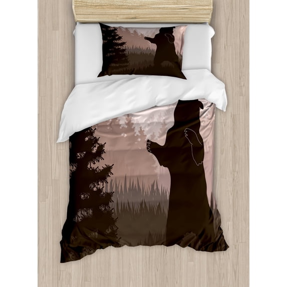 Nature Twin Size Duvet Cover Set, Silhouette of Wild Bear in the Jungle Woodland at Dark Night Illustration, Decorative 2 Piece Bedding Set with 1 Pillow Sham, Army Green Pale Peach, by Ambesonne