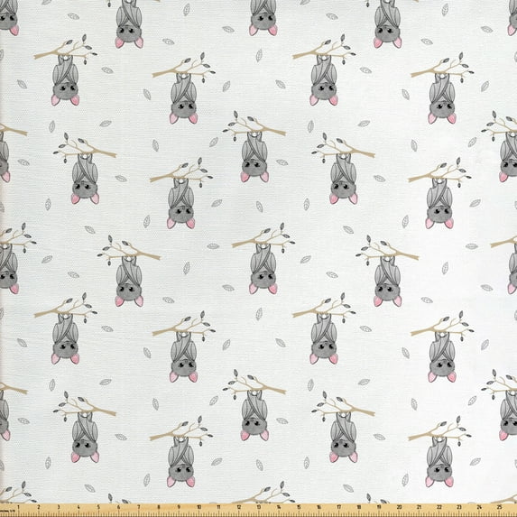 Ambesonne Nature Fabric by the Yard Upholstery, Upside down Bat on Branch, 2 Yards, Pale Taupe Pale Sepia