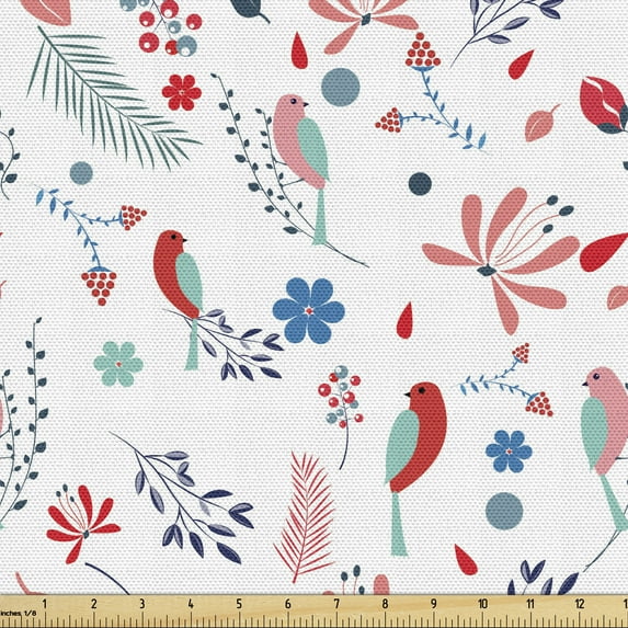 Nature Upholstery Fabric by the Yard, Colorful Springy Birds Flowers Leaves Twigs Ornamental Print on Plain Backdrop, Decorative Fabric for DIY and Home Accents, White Multicolor by Ambesonne