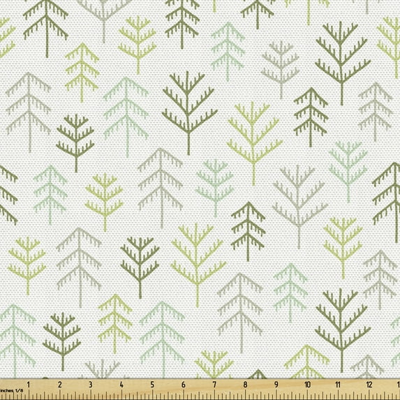 Ambesonne Nature Fabric by the Yard Upholstery, Simple Design Fir Trees Art, 3 Yards, Off White and Multicolor