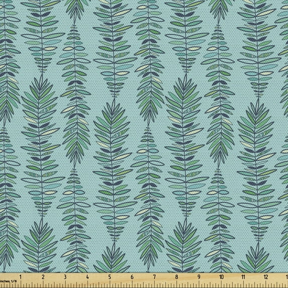 Nature Upholstery Fabric by the Yard, Leafy Vertical Strips Feathers Bohemian Feels, Decorative Fabric for DIY and Home Accents, Sea Blue Reseda Green by Ambesonne