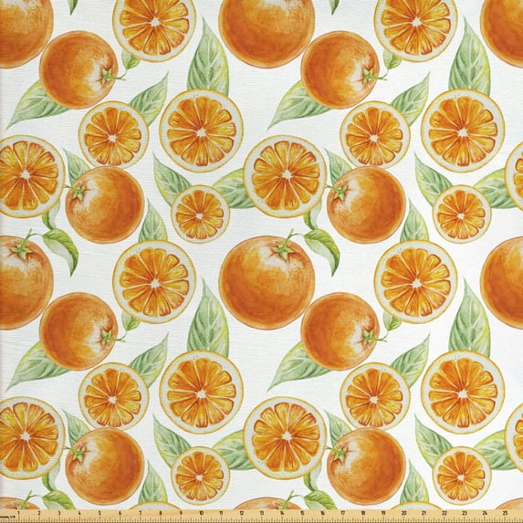 Nature Upholstery Fabric by the Yard, Orange Fruit Leaves Pattern Watercolors Citrus Eco Juicy Healthy Food Art, Decorative Fabric for DIY and Home Accents, Orange Pale Green by Ambesonne