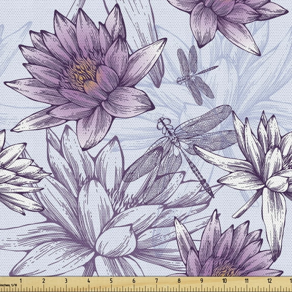 Ambesonne Nature Fabric by the Yard Upholstery, Water Lilies and Drogonflies, 1 Yard, Pale Blue Pale Purple