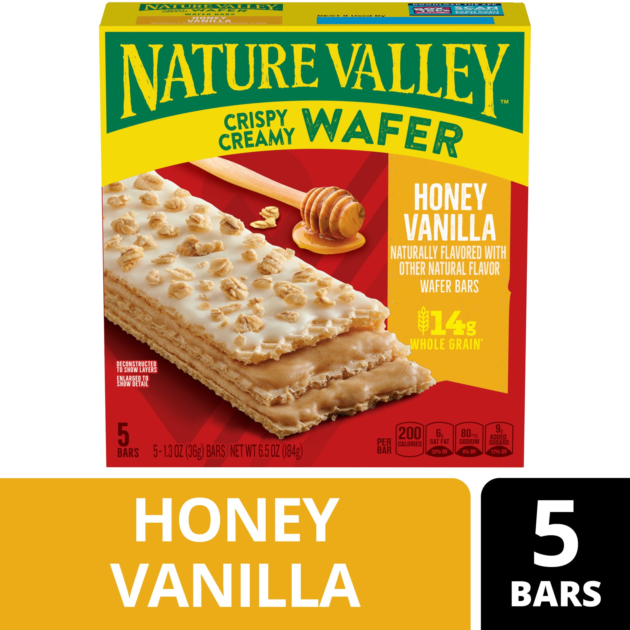Nature Valley Crispy Creamy Wafer Bars, Honey Vanilla, Whole Grain, 5 Bars, 6.5 oz