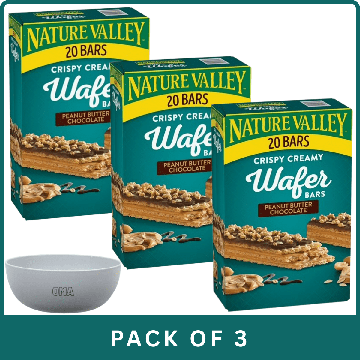 Nature Valley Crispy Creamy Wafer Bars – Peanut Butter Chocolate (20‑Count)-3pk, With Olive White Bowl By OMA