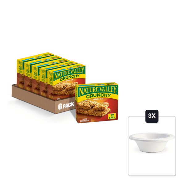 Nature Valley Crunchy Granola Bars, Maple Brown Sugar, 6 Count, 12 Bars (Pack Of 6) & 3x 12oz Disposable Plastic Bowl