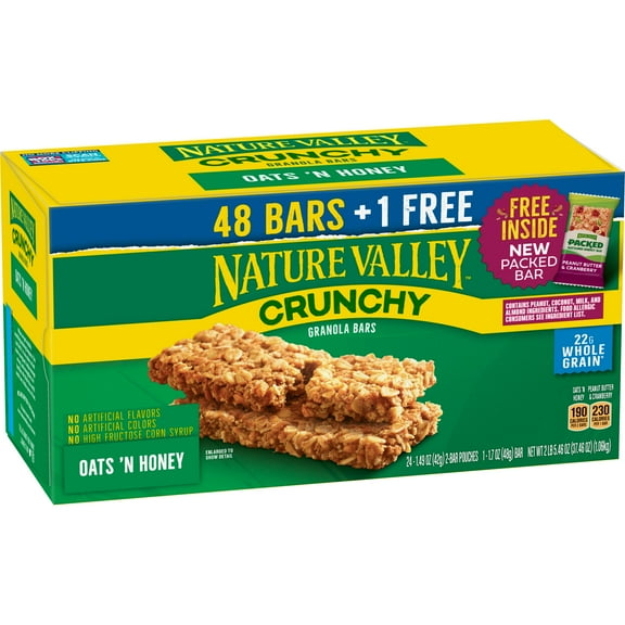 Nature Valley Crunchy Granola Bars, Oats & Honey, 48ct + Free Packed Bar