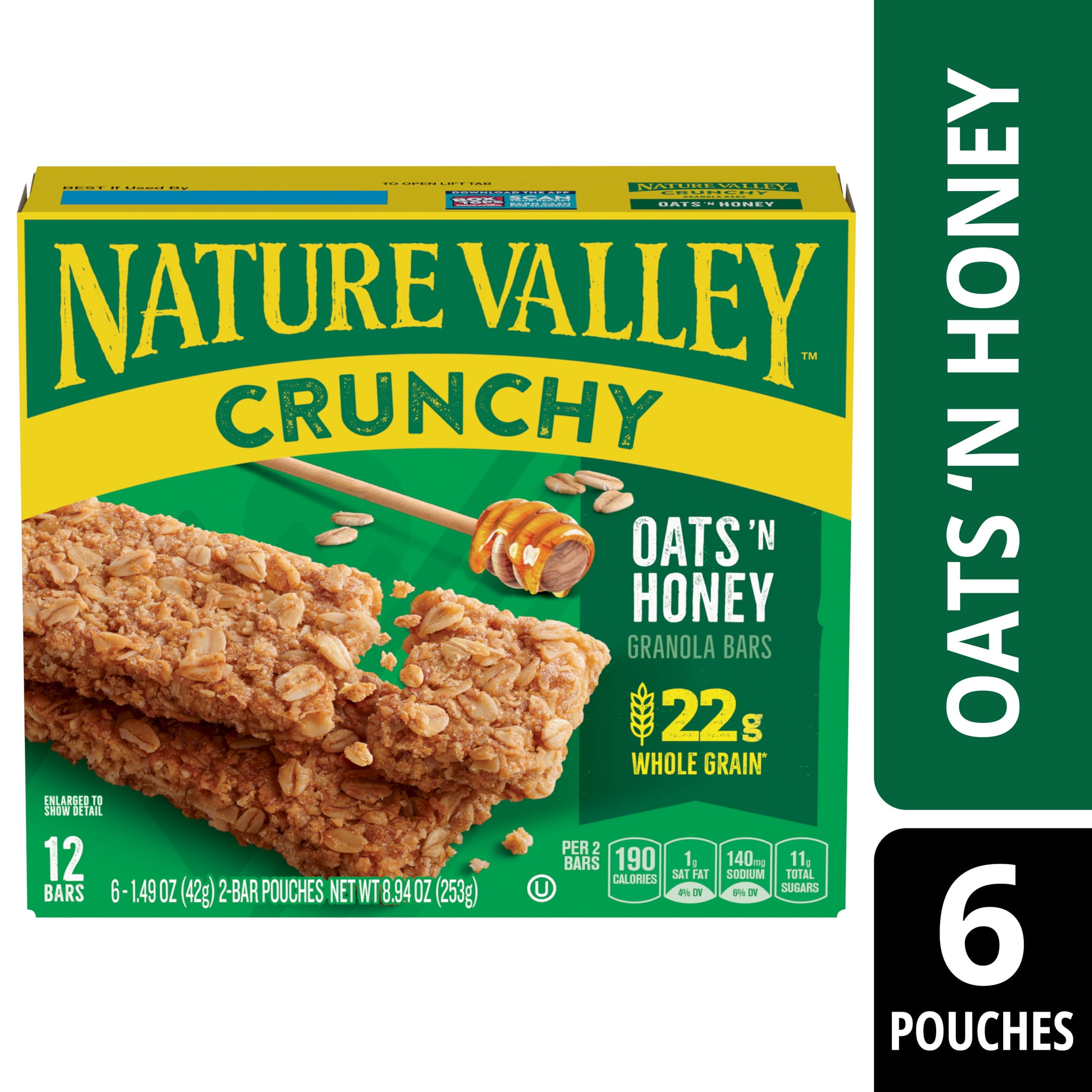 Nature Valley Crunchy Granola Bars, Oats 'n Honey, 12 Bars, 8.94 oz (6 Pouches)