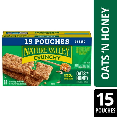 Nature Valley Crunchy Granola Bars, Oats 'n Honey, 30 Count, 22.35 oz (15 Pouches)