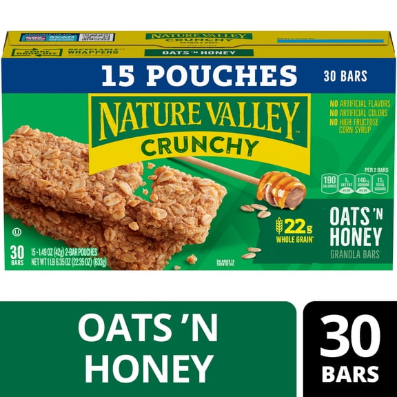 Nature Valley Crunchy Granola Bars, Oats 'n Honey, 30 Count, 22.35 oz (15 Pouches)