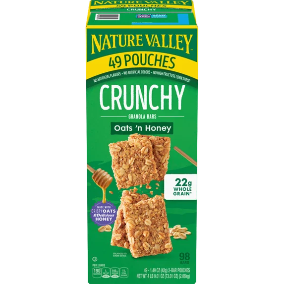 Nature Valley Crunchy Granola Bars Oats 'n Honey – 49 Pouches (98 Bars) | Whole Grain Snack Bars