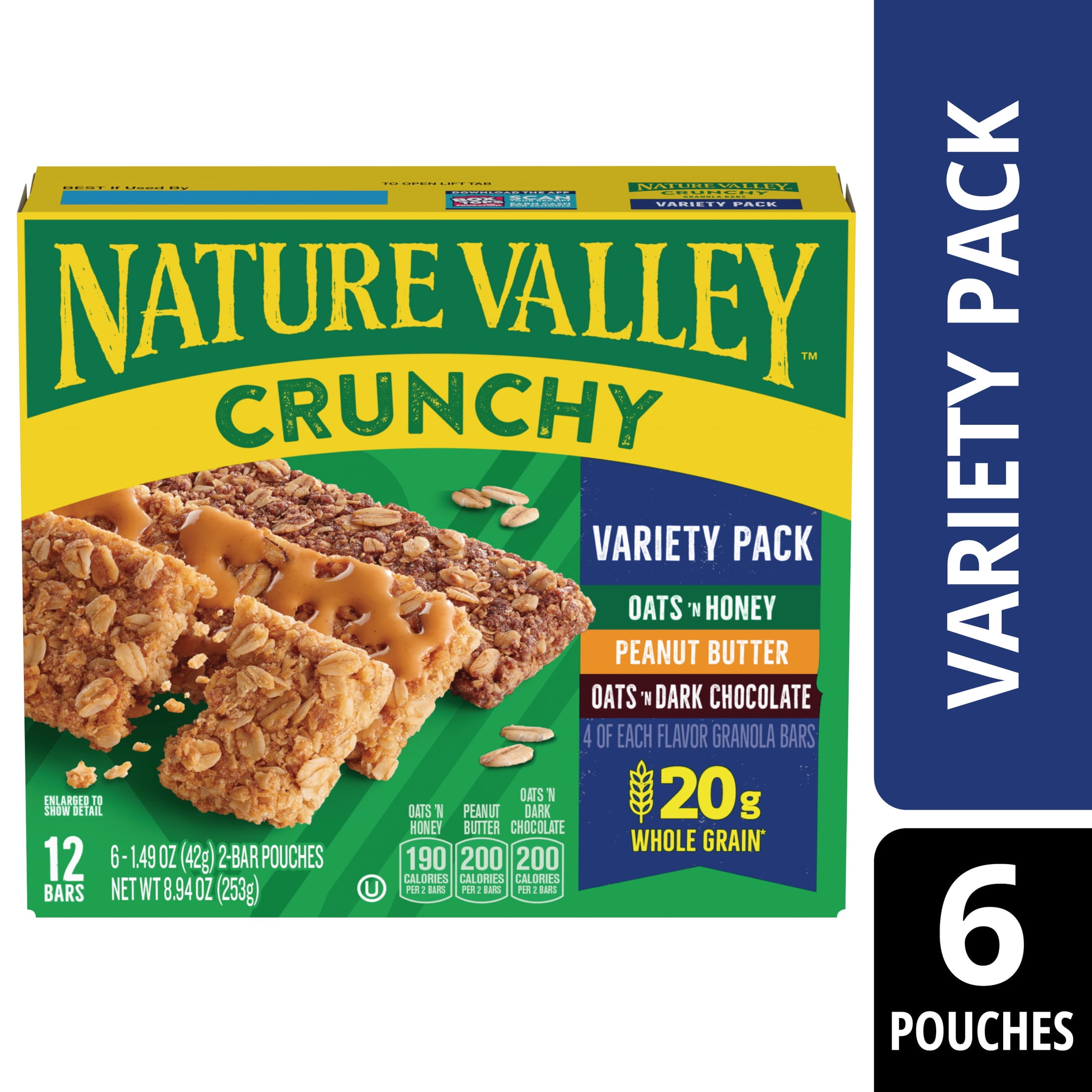 Nature Valley Crunchy Granola Bars, Variety Pack, 12 Bars, 8.94 oz (6 Pouches)
