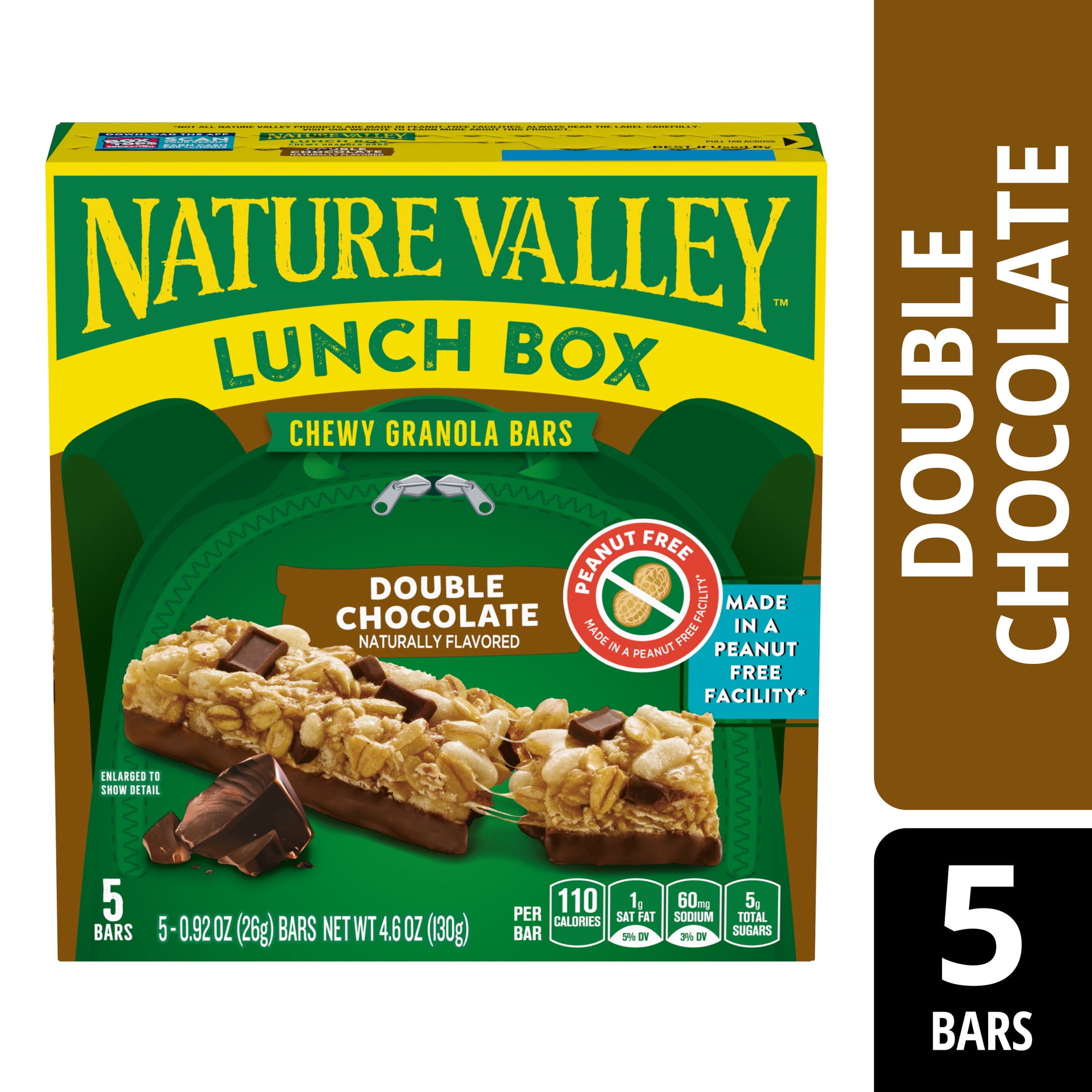 Nature Valley Lunch Box Chewy Granola Bars, Double Chocolate, Peanut Free, 5 Bars, 4.6 oz