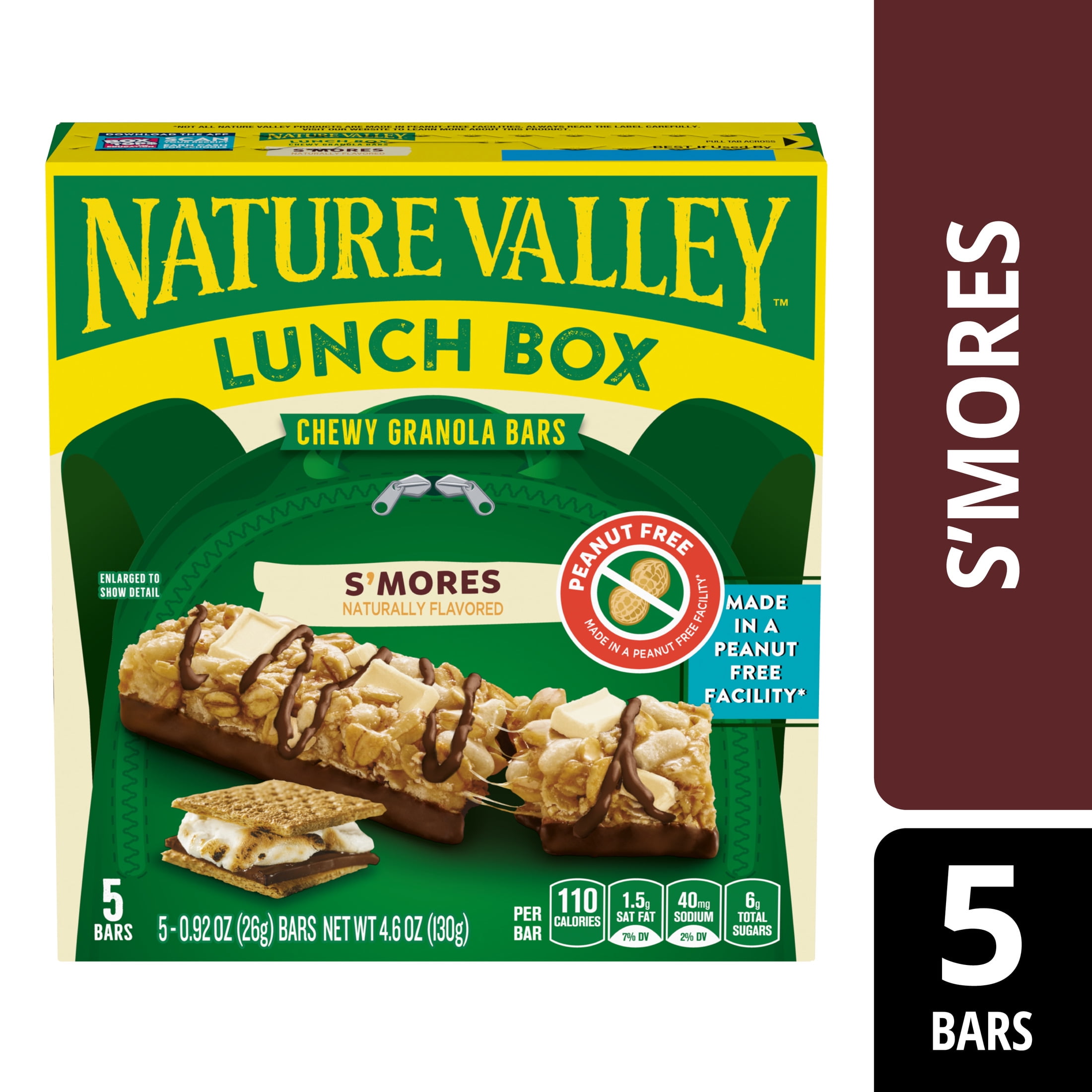 Nature Valley Lunch Box Chewy Granola Bars, S'mores, Peanut Free, 5 Bars, 4.6oz, Cardboard Box, New