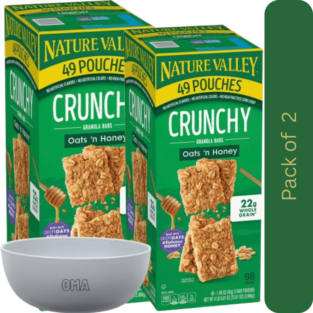 Nature Valley Oats 'n Honey Crunchy Granola Bars, 2 Pack (49 Ct Each) with White Bowl by OMA