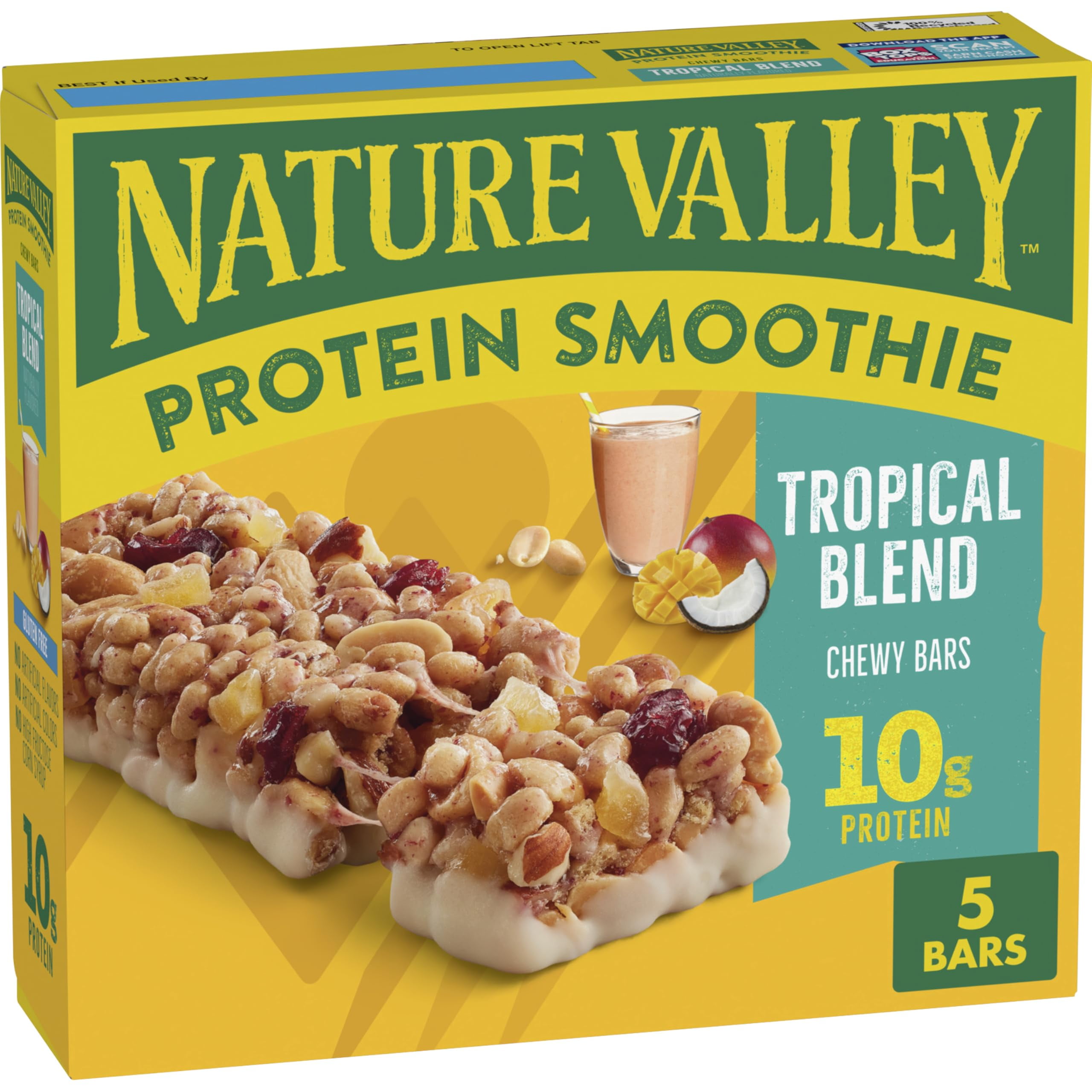 Nature Valley Protein Smoothie DPF11Chewy Snack Bars, Tropical Blend Protein Bars, Gluten Free Snacks, 5 Ct, 7.1 oz