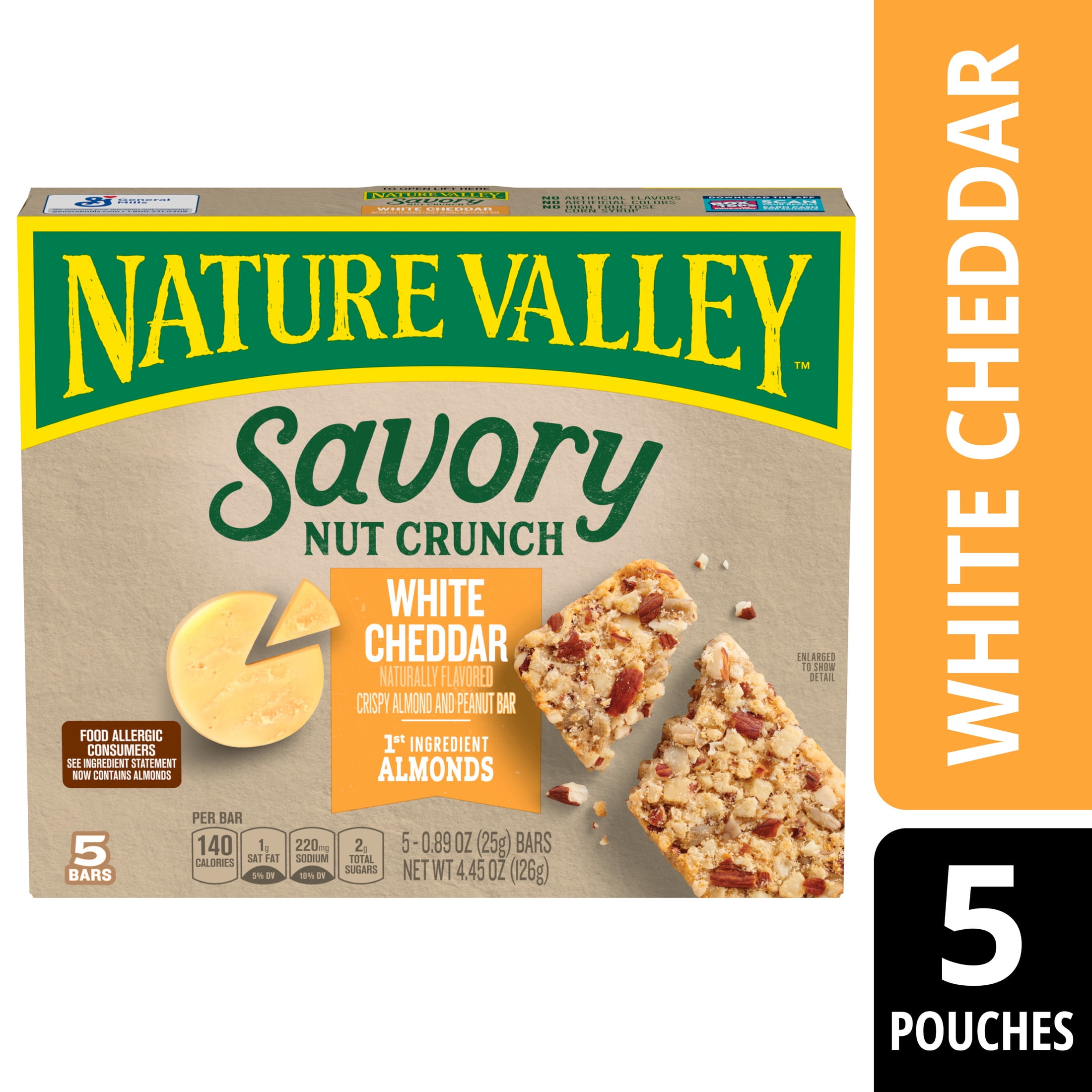 Nature Valley Savory Nut Crunch Bars, White Cheddar Almond and Peanut Bar, 5 Bars, 4.45 oz