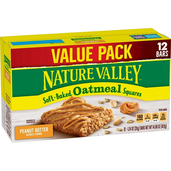 Nature Valley Soft-Baked Oatmeal Squares, Peanut Butter Breakfast Snacks, 12 CT, Kids Snacks,14.88 OZ