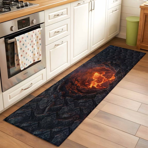 Nature Volcanic Lava Crater Rectangle Rug 2'x6' Abstract Volcano Dark Abyss Fire Washable Area Rugs for Living Room Bedroom Entryway Non Slip Entrance Door Mat Indoor Floor Carpet