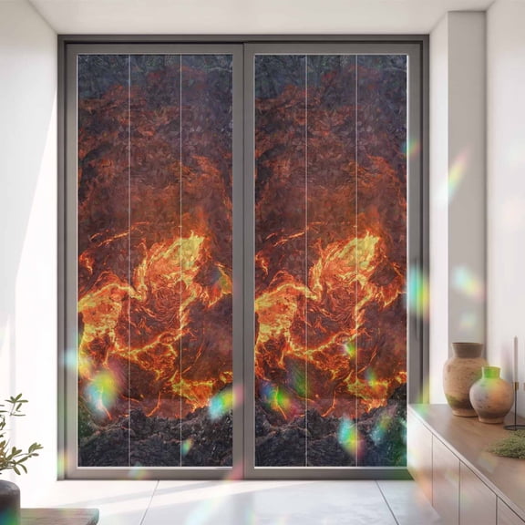 Nature Volcanic Lava Crater Window Privacy Film,Decorative Windows Static Cling Abstract Volcano Dark Abyss Fire Heat Control Removable Glass Sticker for Home Bathroom Bedroom Window Door,35x79in