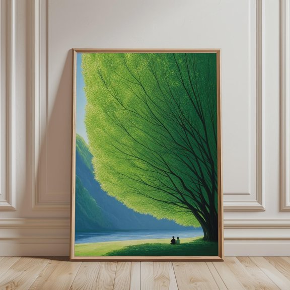 Nature Wall Art Peaceful Couple Under Green Tree Print, Landscape Mountain Art for Bedroom, Serene Lake Poster, Minimalist Calm Wall Decor, Poster Only