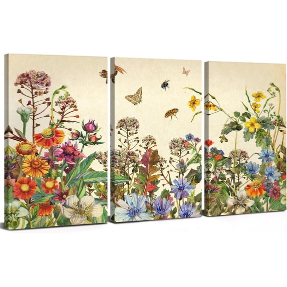 Nature Wall Decor Floral Butterfly Wall Art Vintage Bee Wildflower Pictures for Living Room Scenery Paintings Colorful Flower Posters Canvas Framed Artwork Bedroom Bathroom Home Decoration 12x16 3Pcs