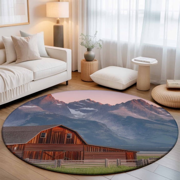 Nature Washable Round Area Rug 7 ft, Red Barn Rustic Mountain Farmhouse Scenery, Soft Non Slip Rugs Stain Repellent Indoor Felt Carpet for Living Dining Room Bedroom Home Office